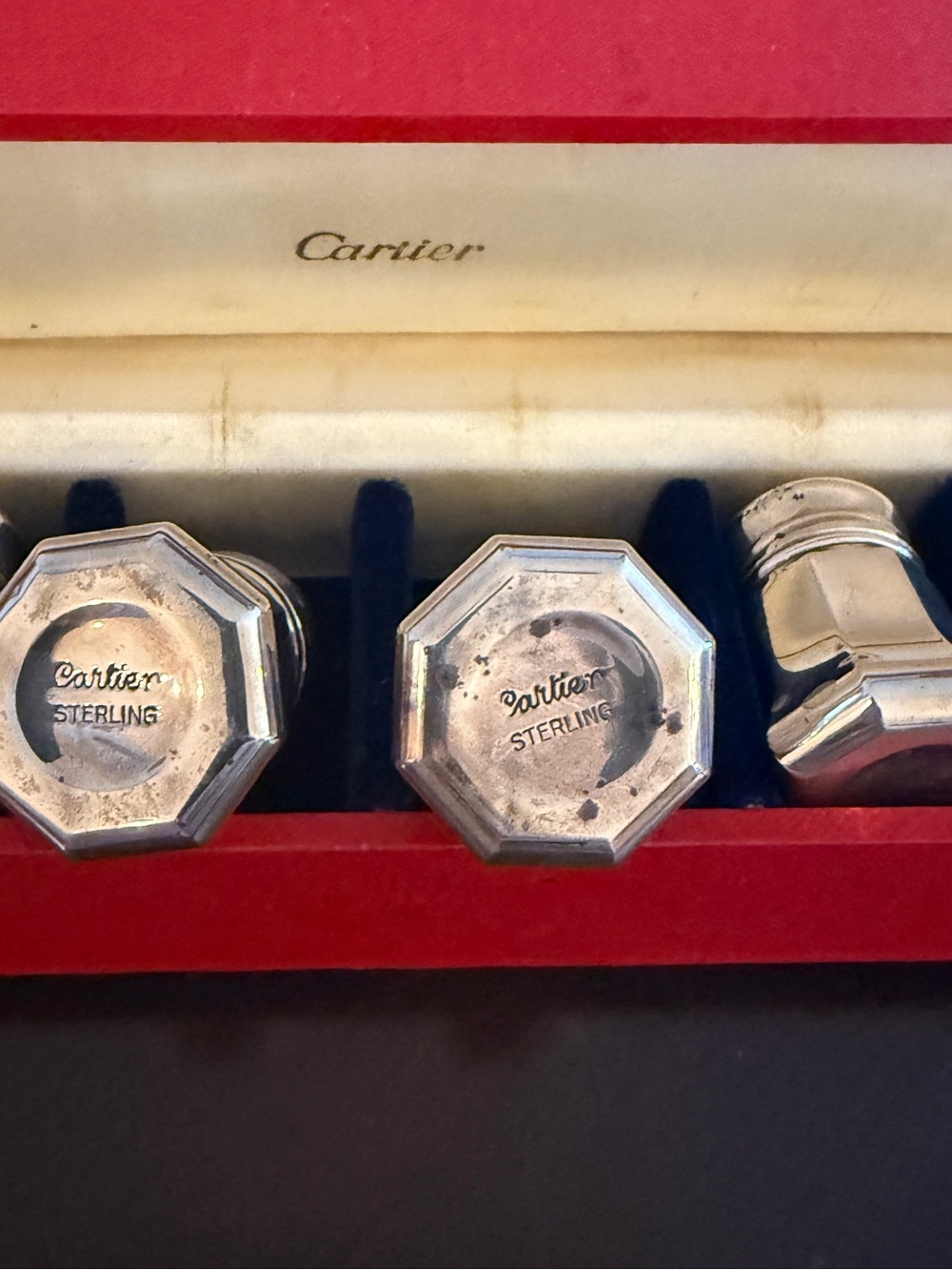 Cartier Vintage Sterling Silver Octagonal Salt and Pepper in  Red Box